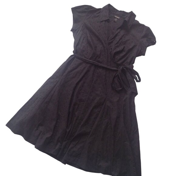 Lane Bryant Black Faux Wrap Dress XXL Cotton Eyelet Retro Midi 24 Runs Small 2X - Picture 1 of 11
